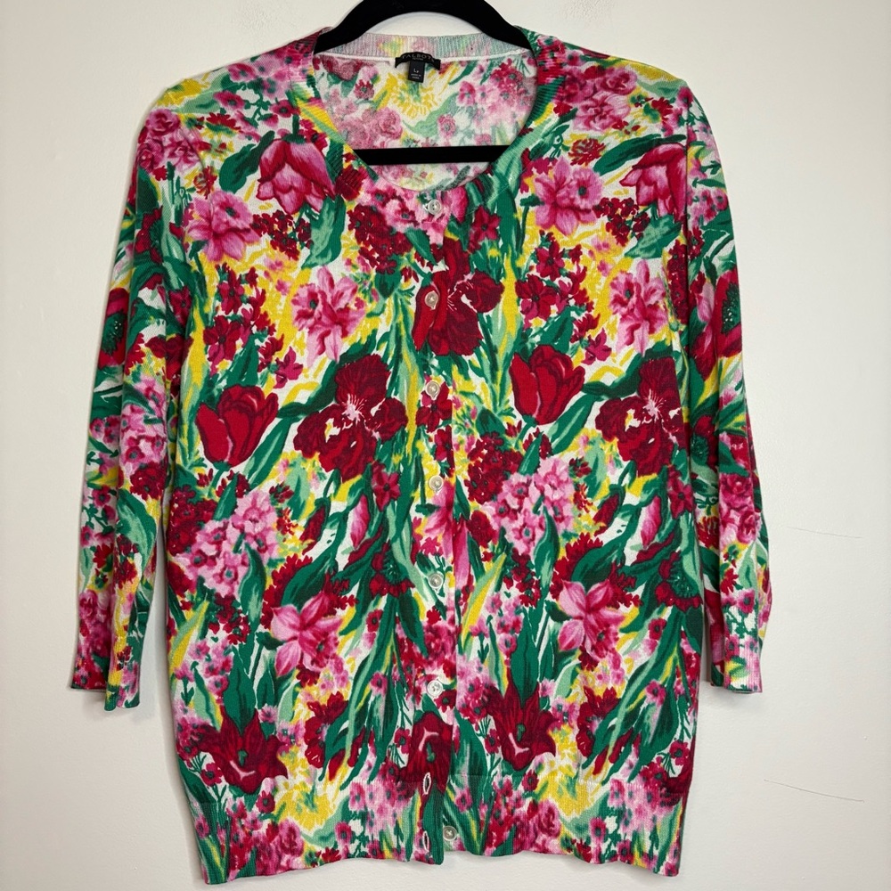 Talbots LP Petite Cardigan Bold Red Pink Yellow Green Floral Cotton‎ Rayon